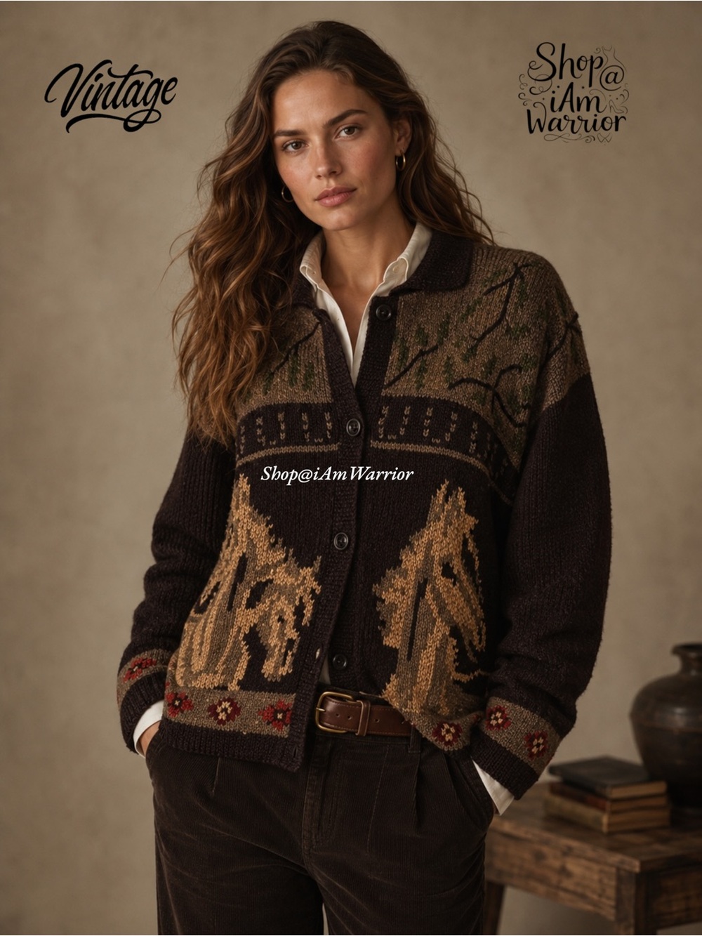 Vintage Equestrian Handknit Horse Intarsia Wool Collared Cardigan Sweater